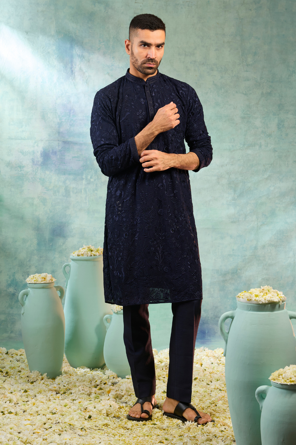 Navy blue silk kurta set with navy blue thread work and sequence