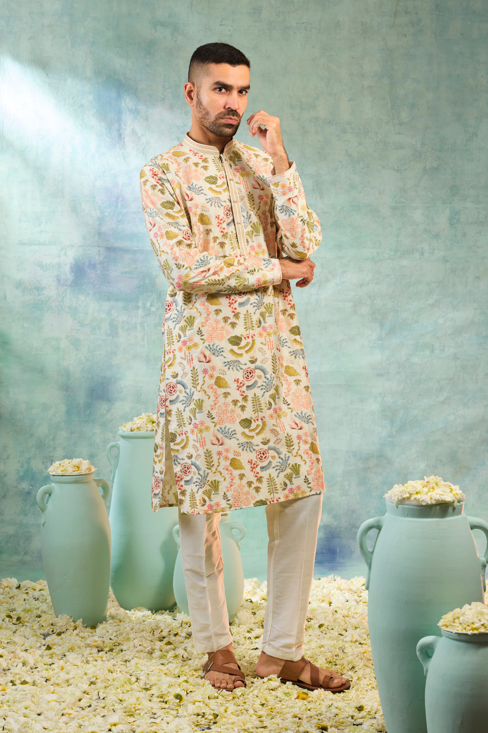 Silk cream kurta with multicolour thread work