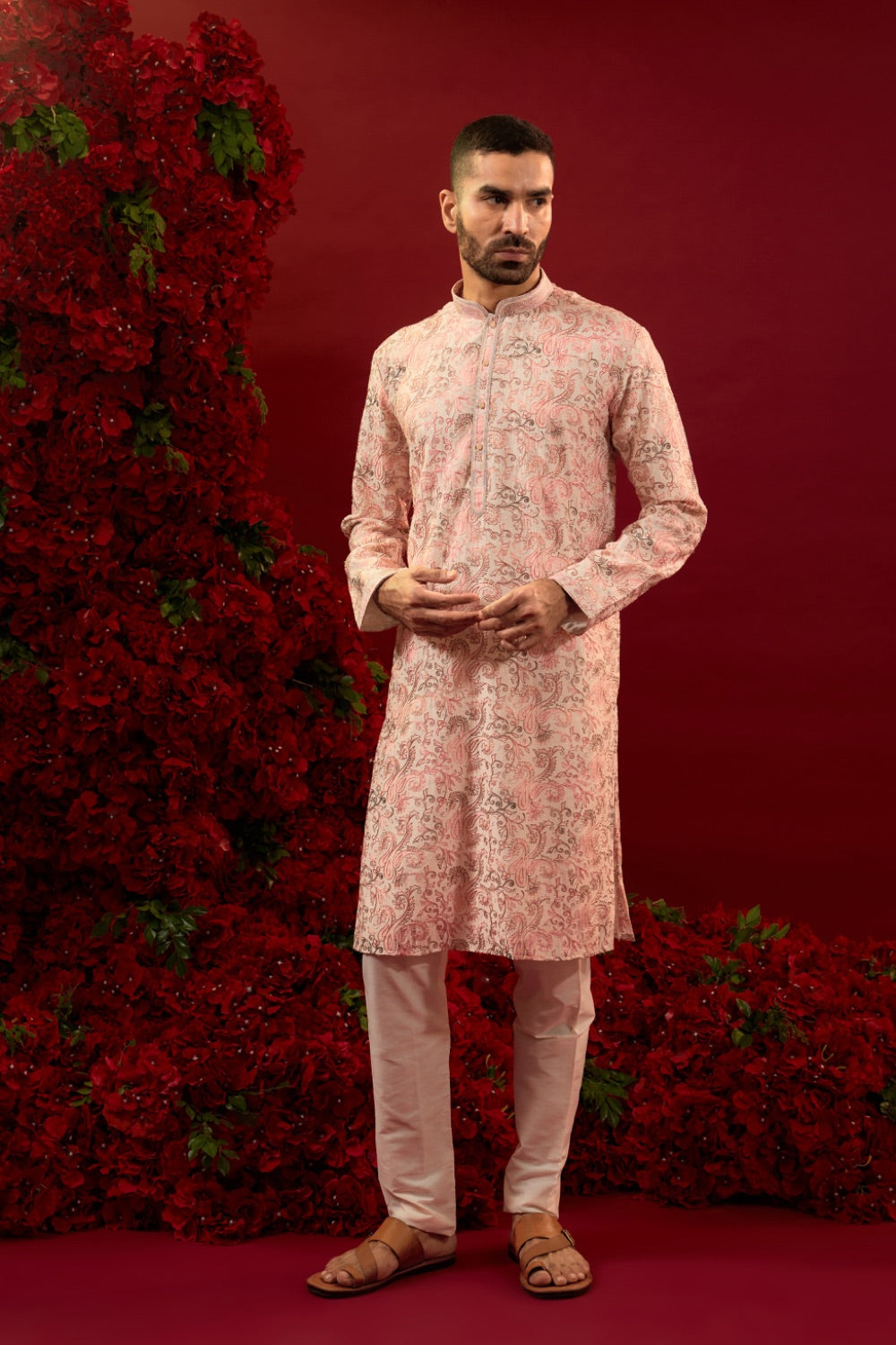 Peach silk kurta set with hand and machine work