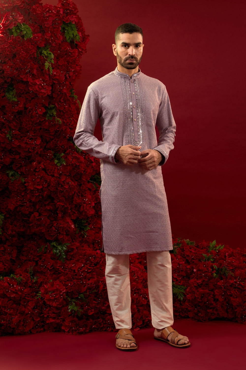 Lilac silk kurta set with hand and machine work