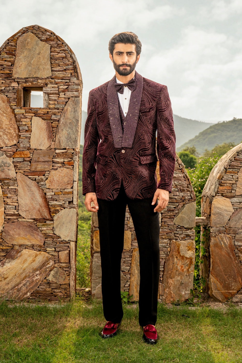 Wine five piece velvet tuxedo with thread and pearl work