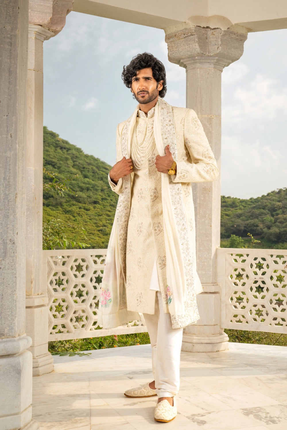 Off-White sherwani with sequin and zardozi embroidery