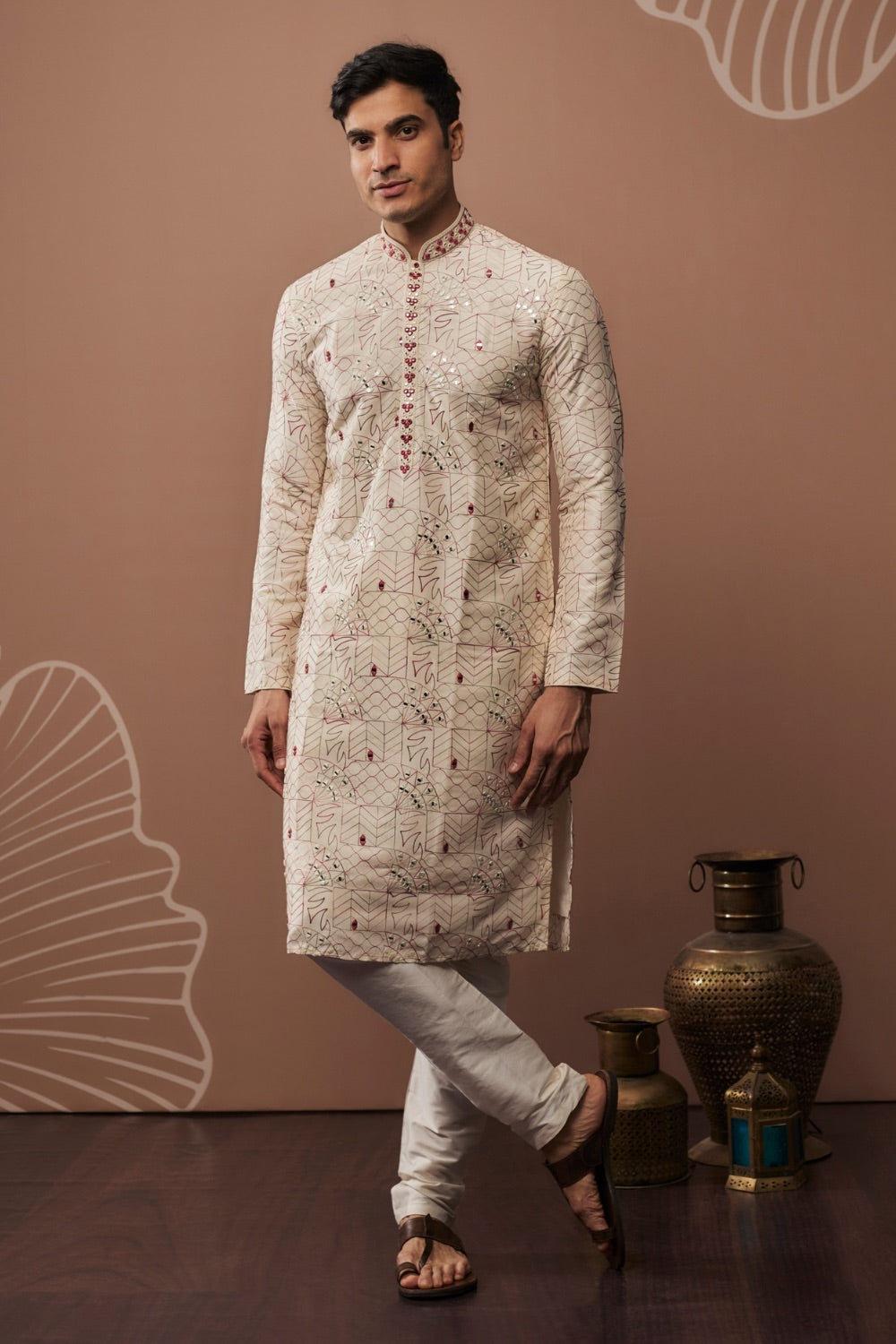 White silk kurta & pajama with hand and machine work