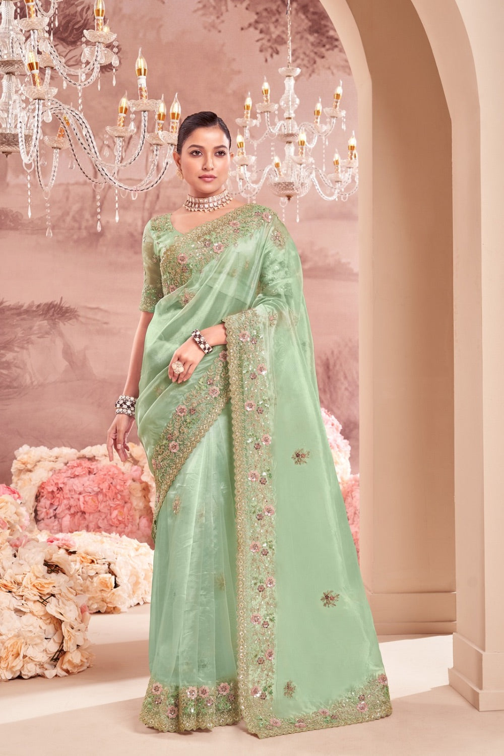 Sea green soft silk saree with matching unstitched blouse