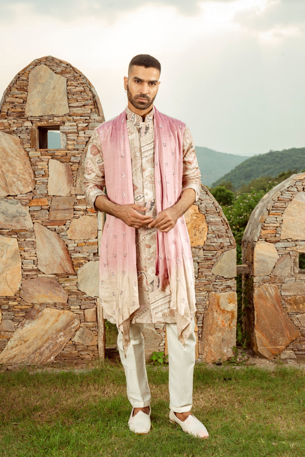 Multicolour silk printed kurta set with subtle sequins work