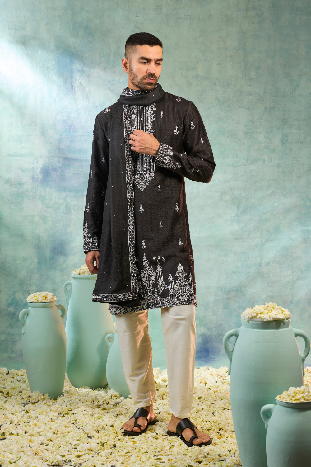 Silk black kurta set with contrast white thread work