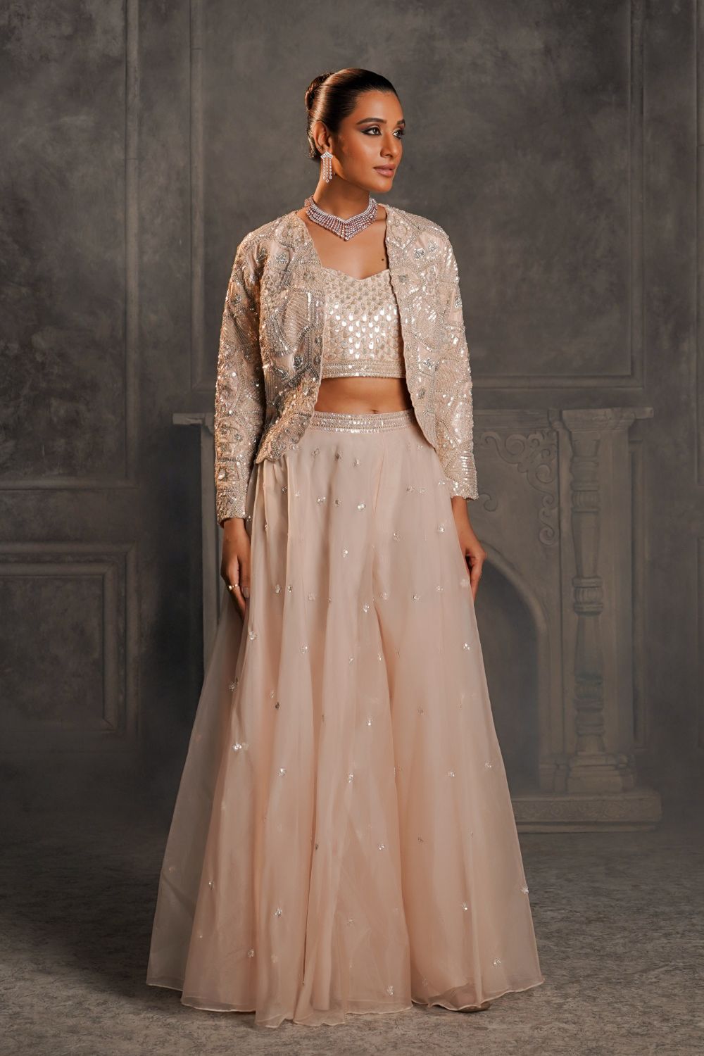 Light rose gold soft silk sequinned Lehenga