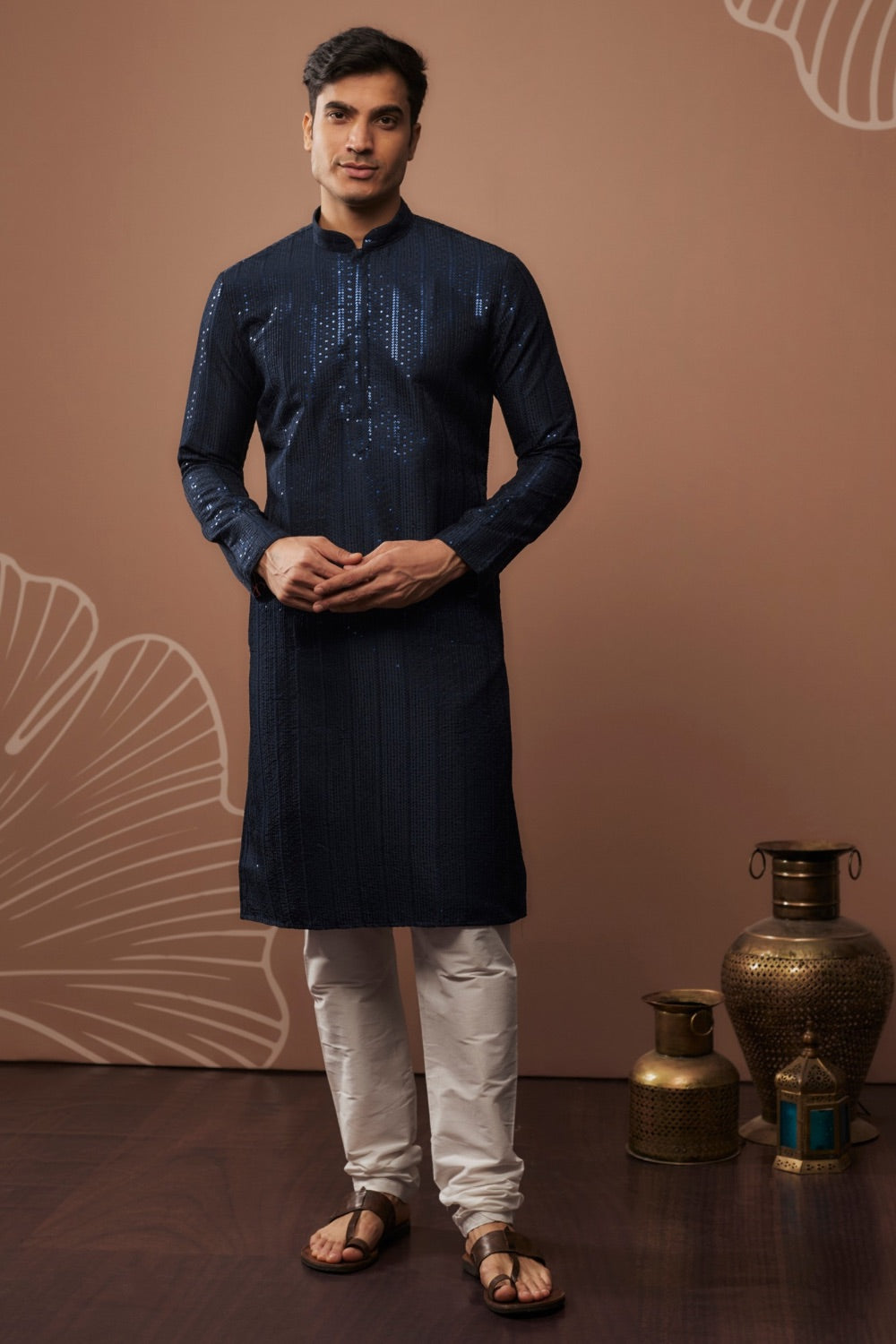 Royal blue silk kurta set with sequin work