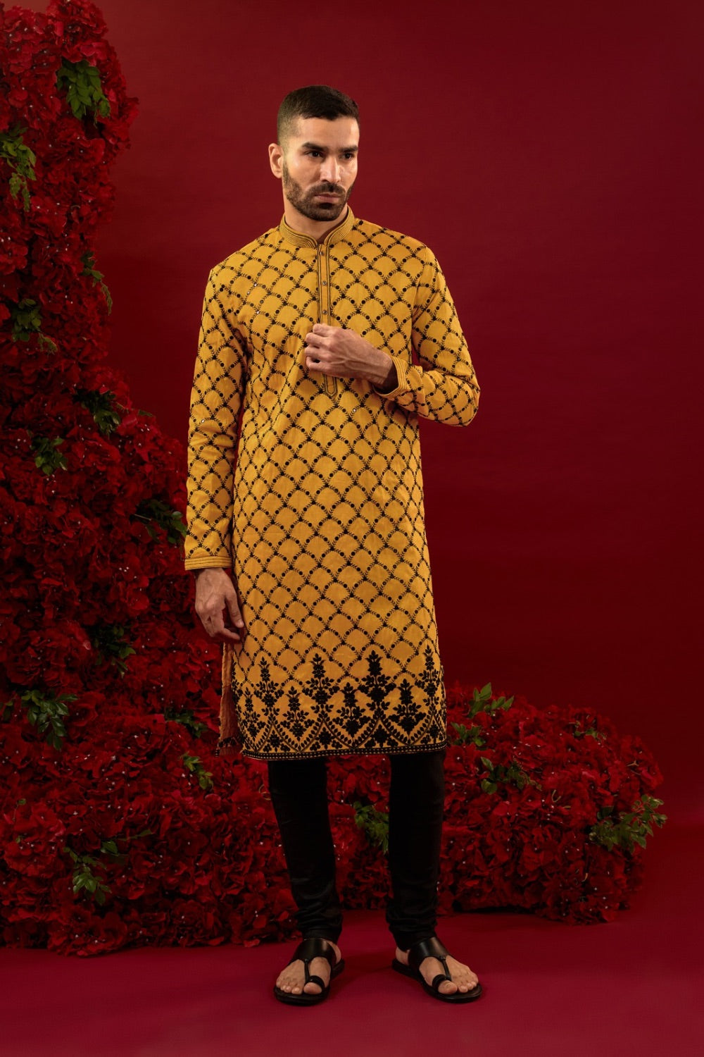 Yellow silk kurta with machine work