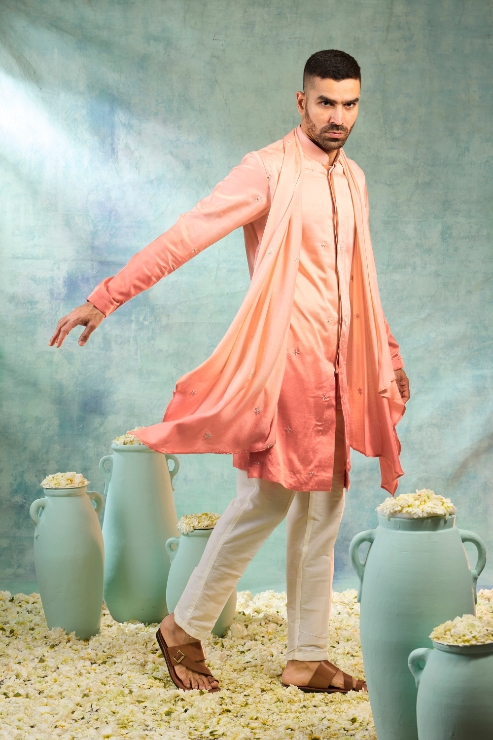 Orange silk kurta set with ombre effect and delicate motifs