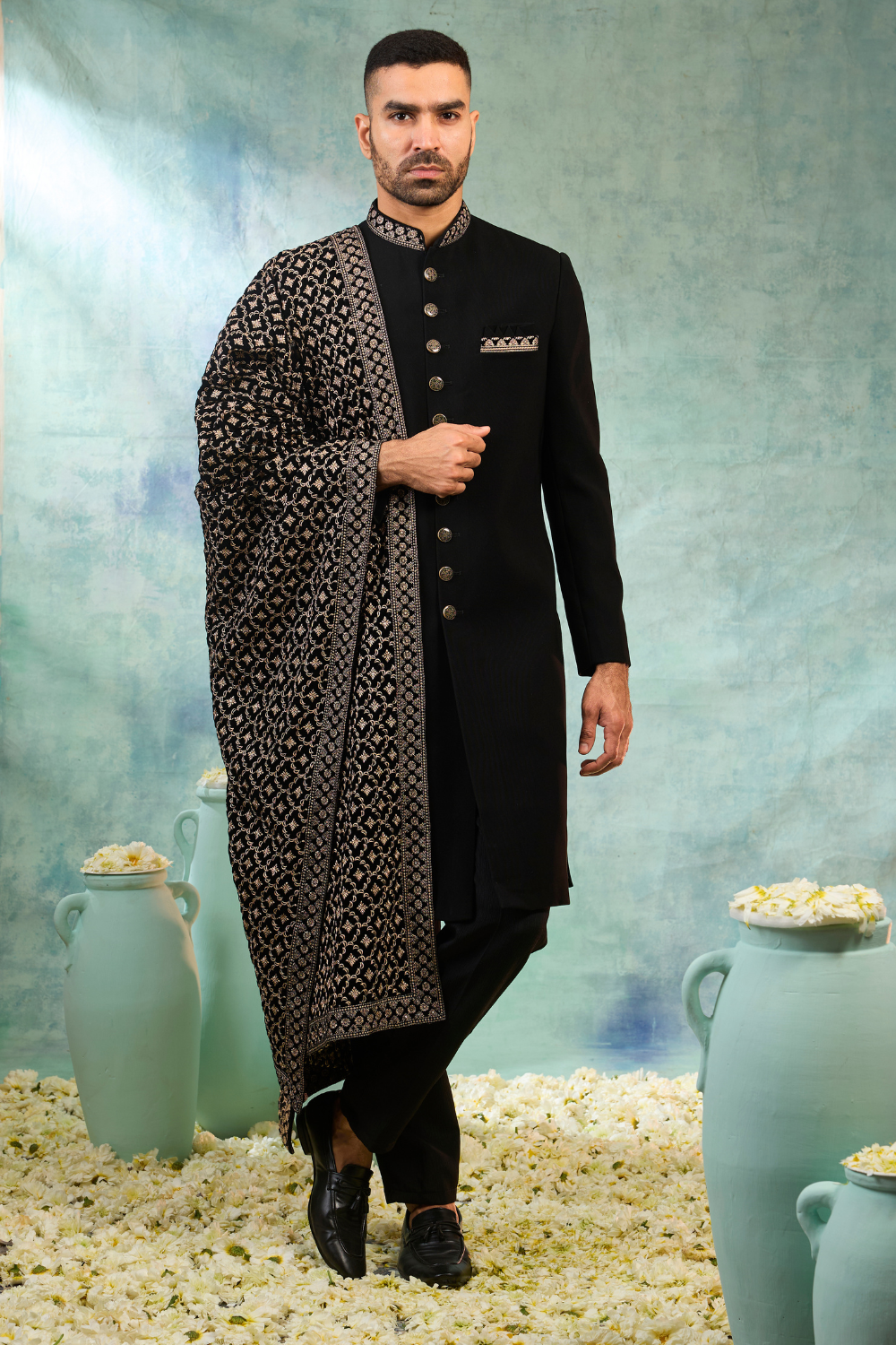 Black suiting sherwani with thread embroidery