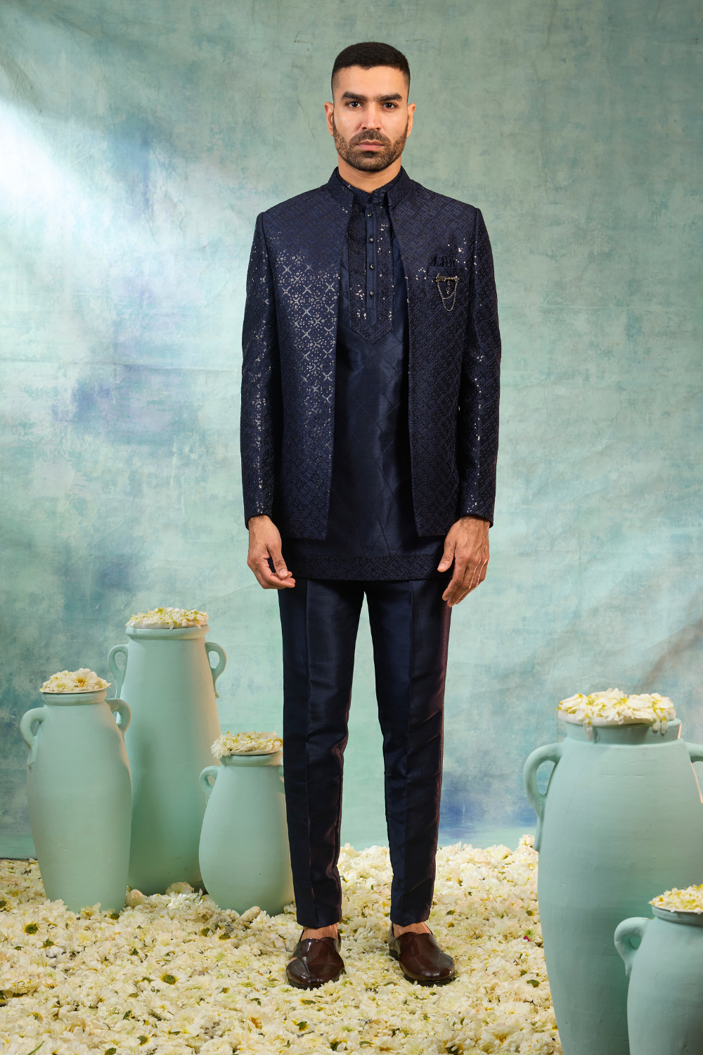 Deep blue silk Indo-Western with sequins work