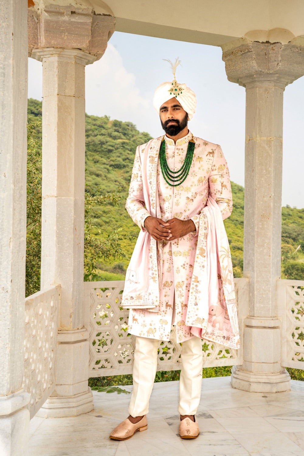 Light pink silk sherwani with pearl and hand cut dana work