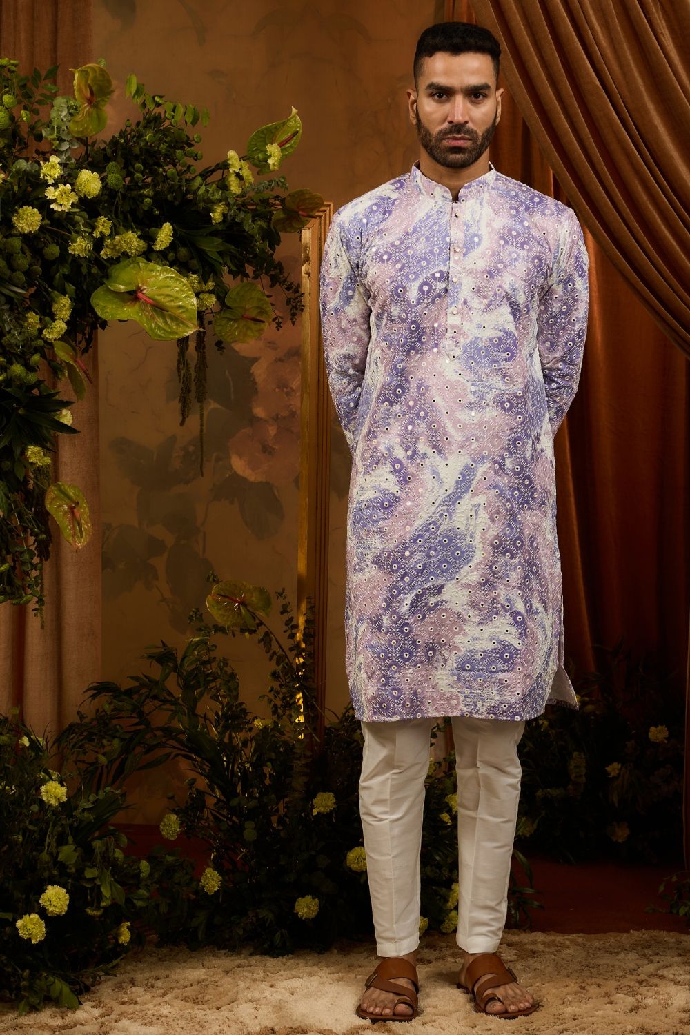 Light purple silk kurta pajama set with white embroidery and mirror machine work