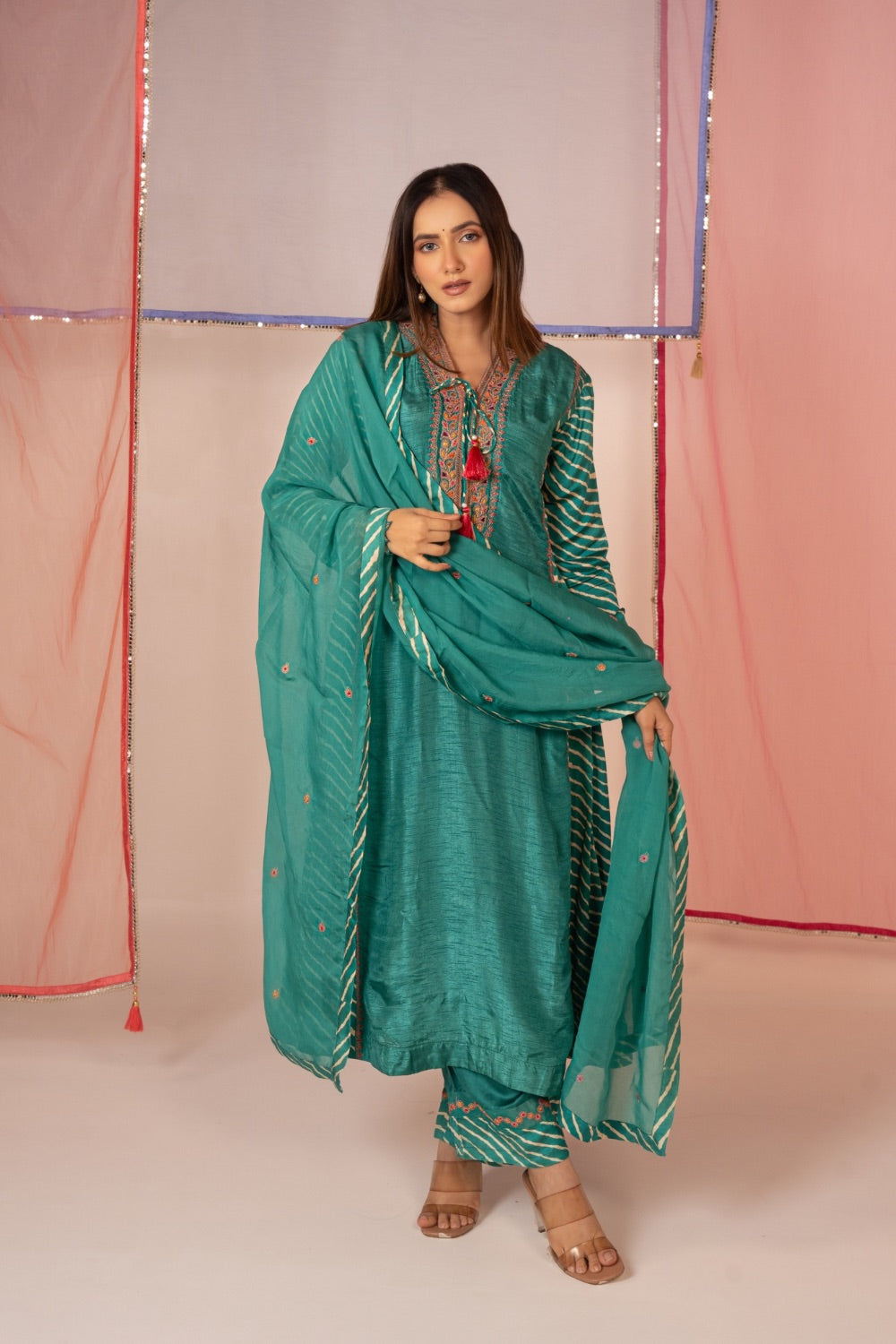 Sea green satin silk salwar suit