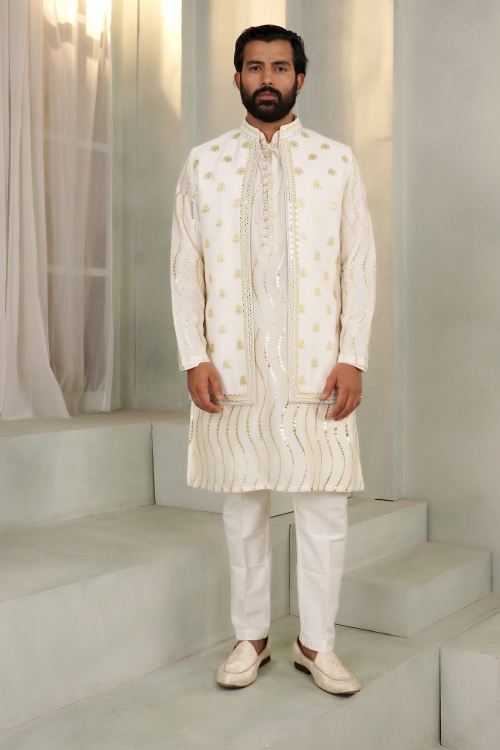 White and Golden koti kurta set