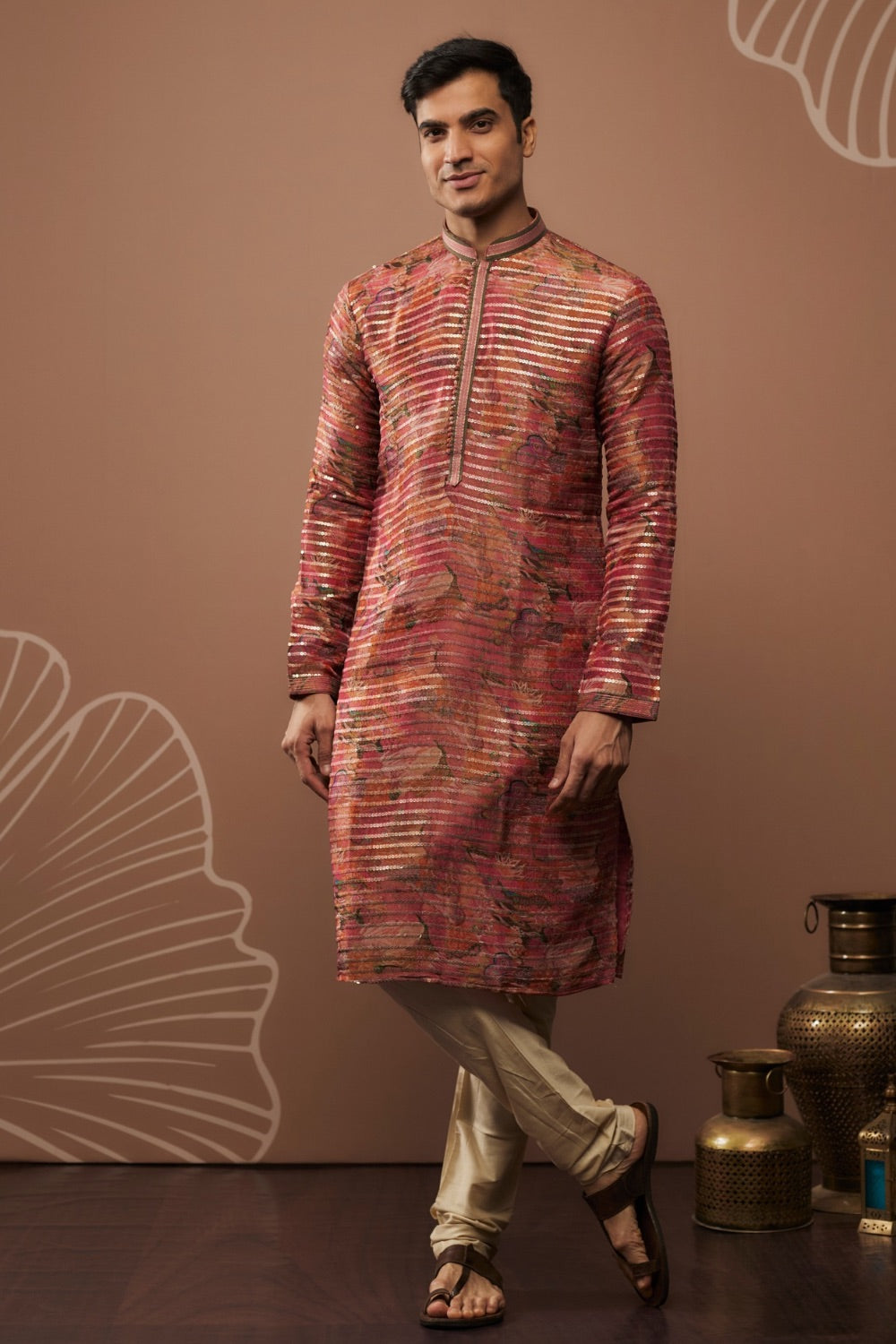 Orange and pink silk kurta & pajama with floral hand and machine work