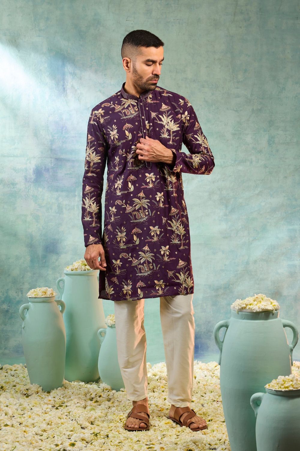 Wine coloured silk kurta with multi colour thread embroidery work