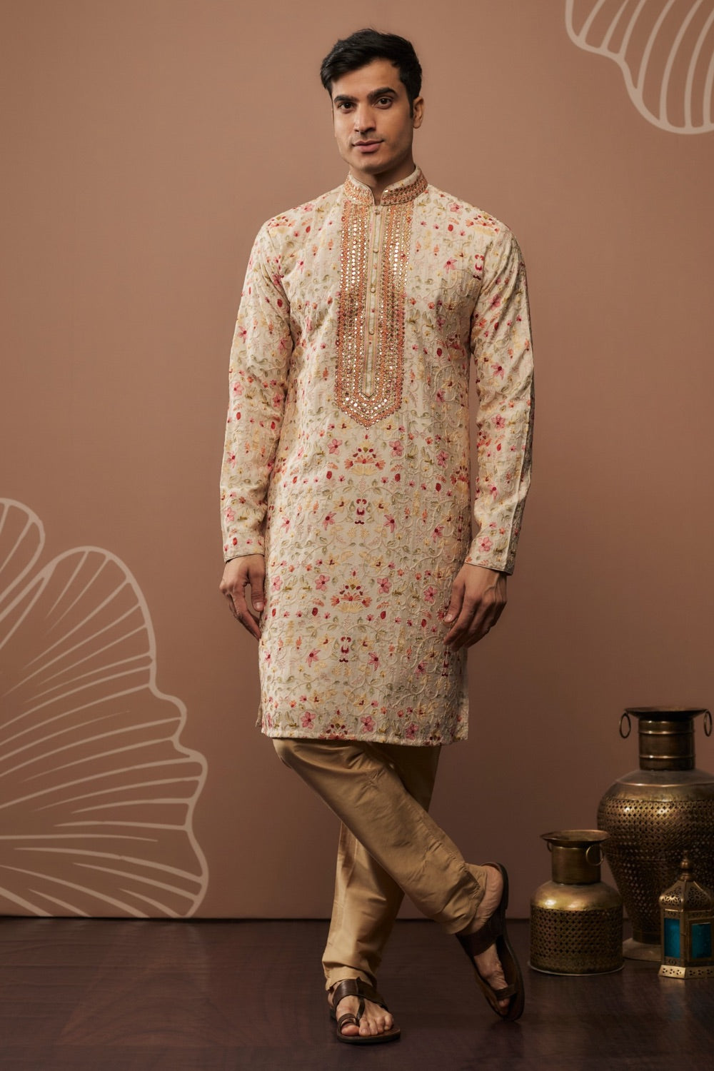 Ivory silk kurta set with hand and machine work