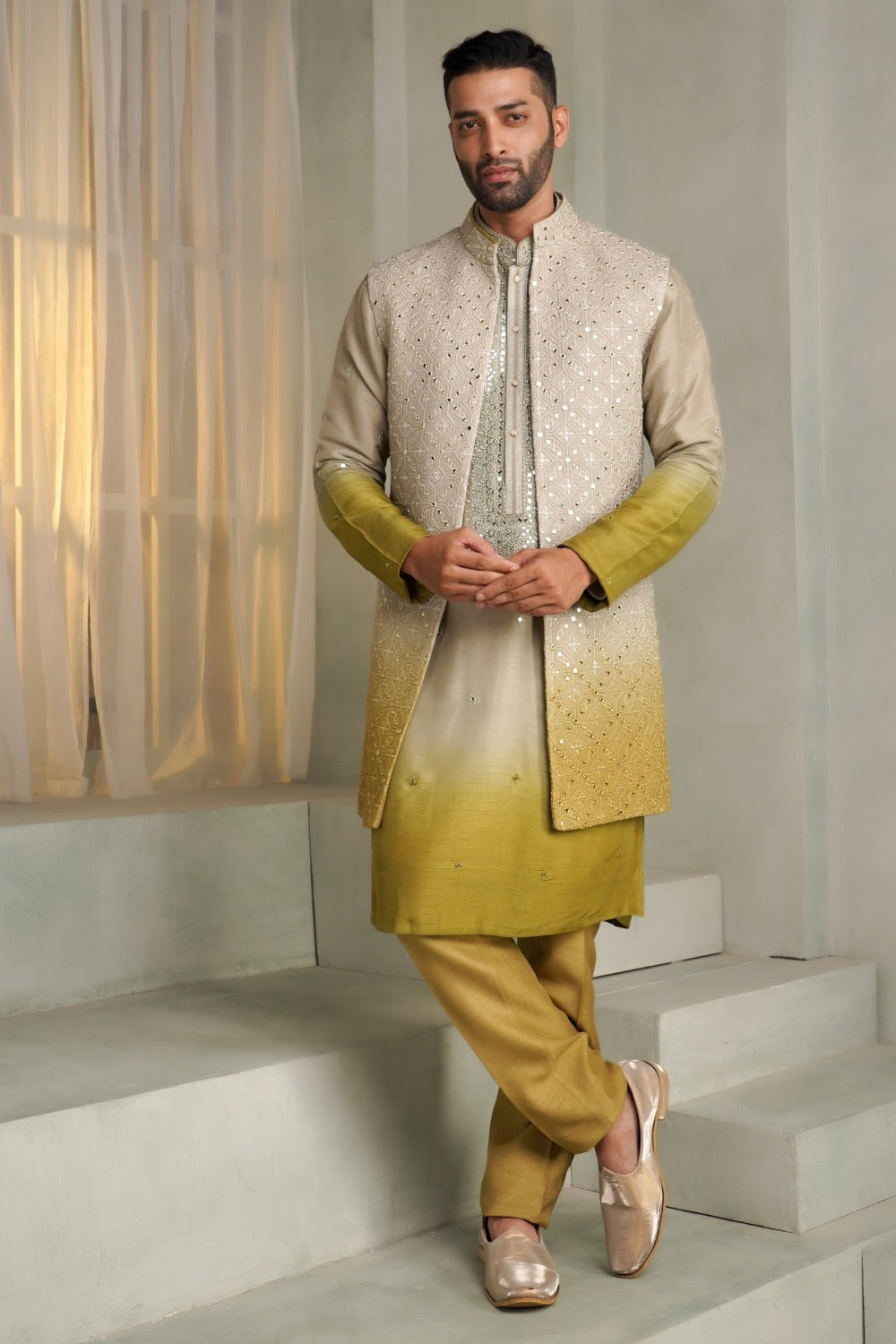 Ivory mustard yellow ombre art silk koti kurta set