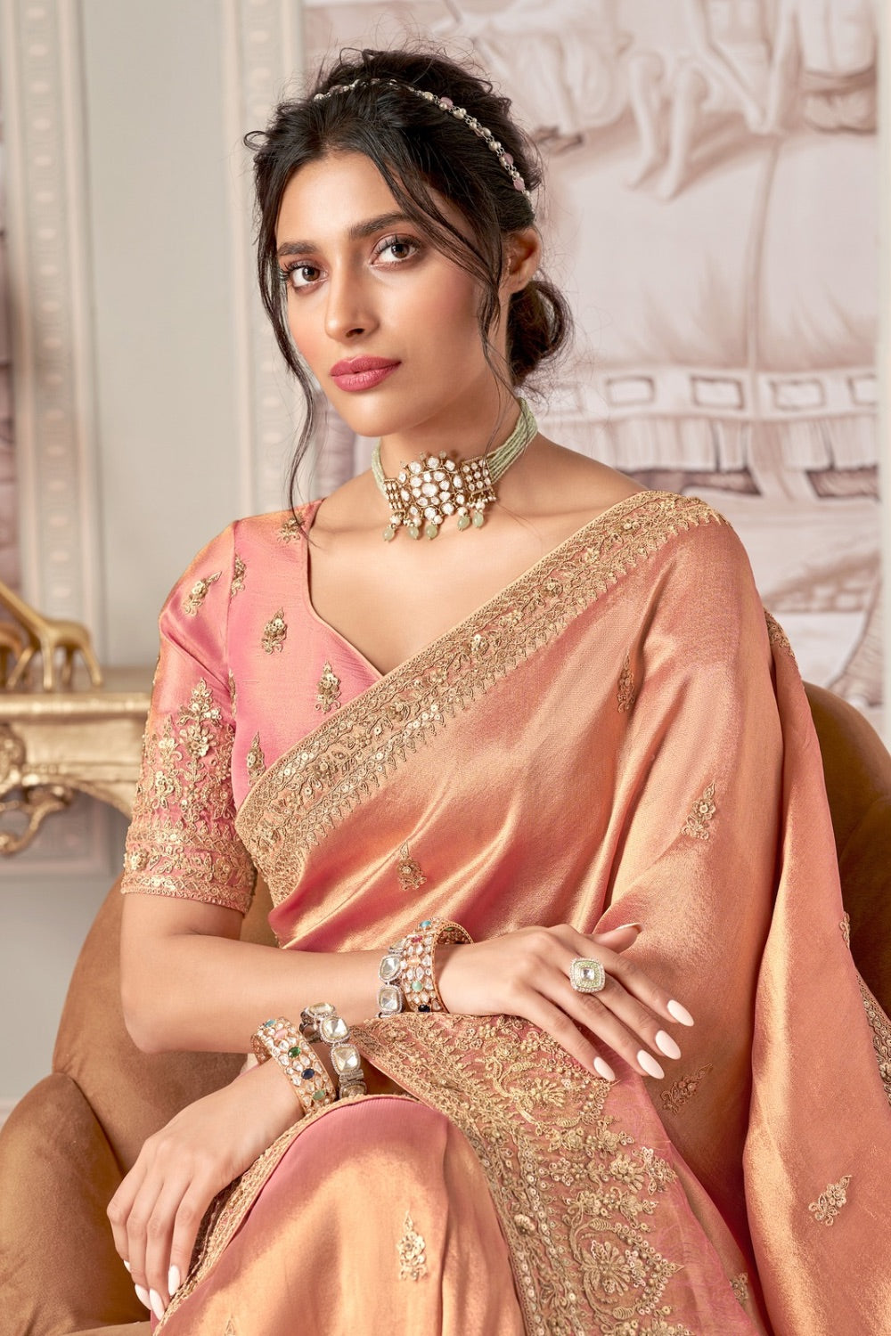 Peach pink soft silk saree with matching unstitched blouse