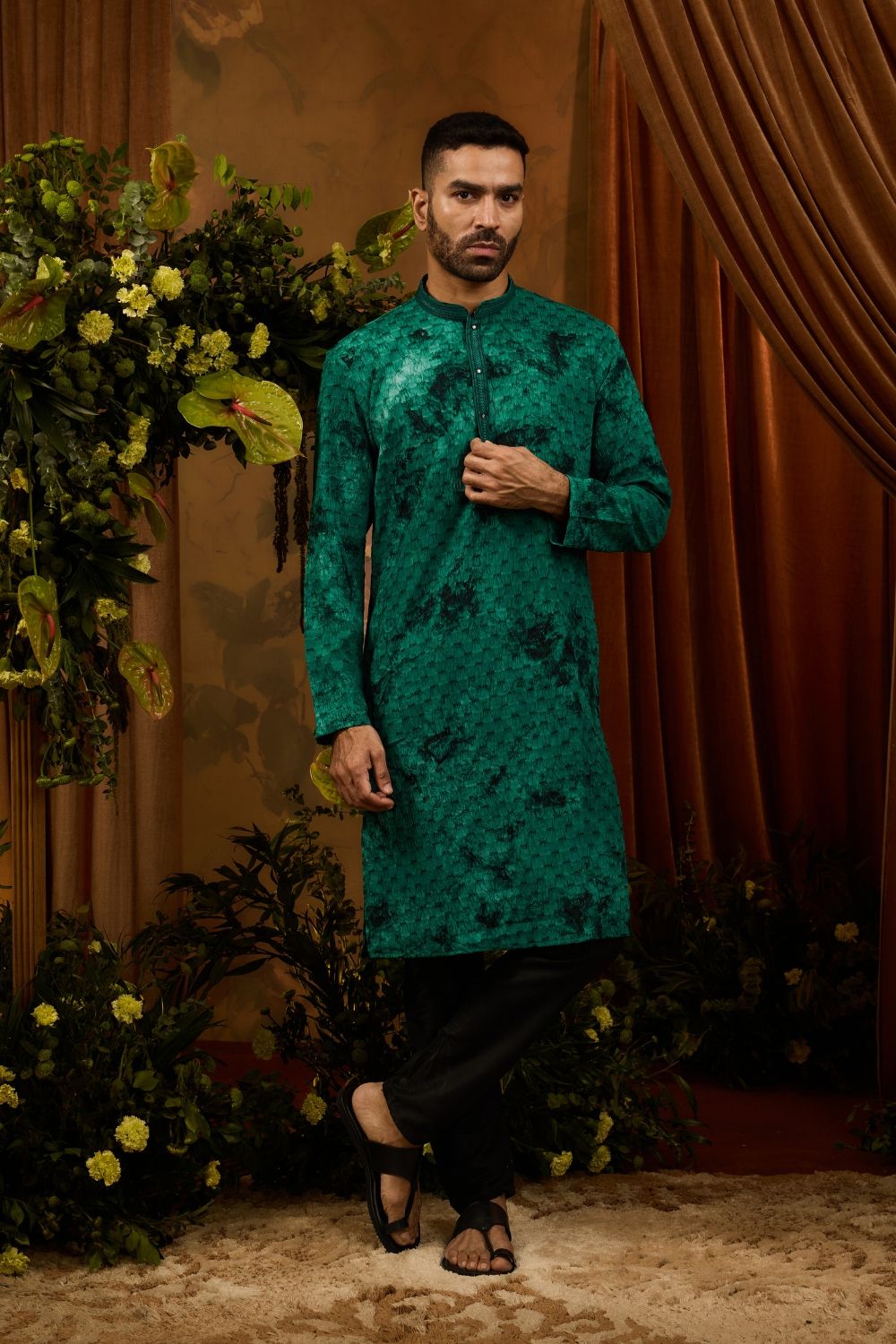 Green silk kurta pajama set with thread work