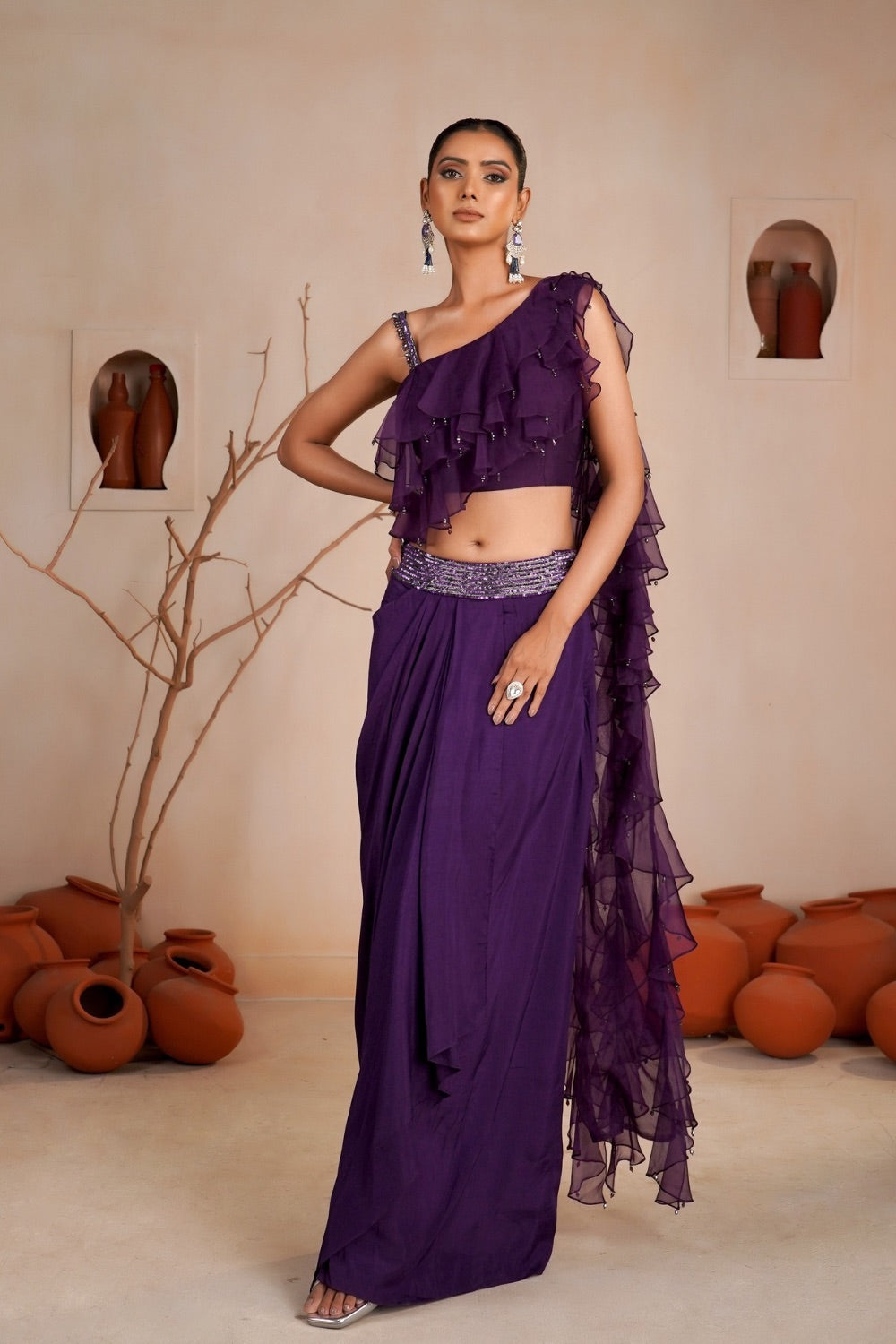 Deep purple soft silk Indo western