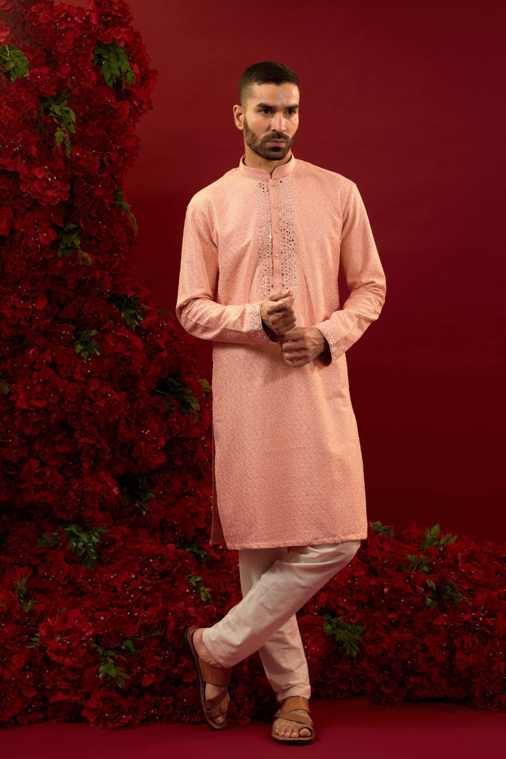 Peach silk kurta and pajama with machine work