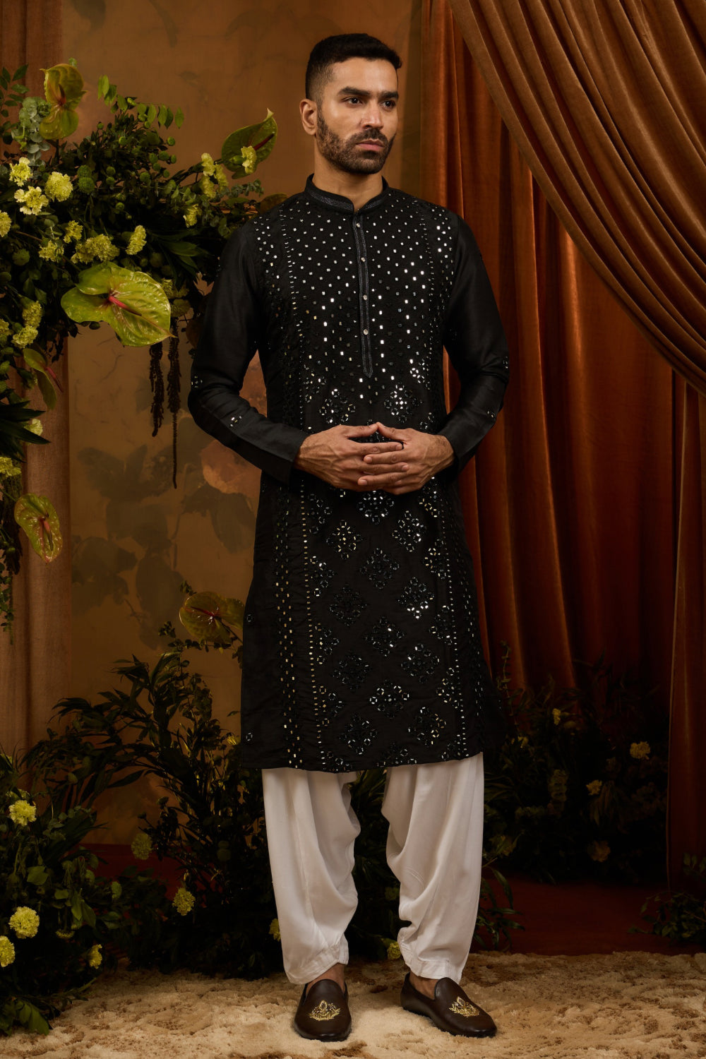 Black & White silk kurta set with thread and mirror work