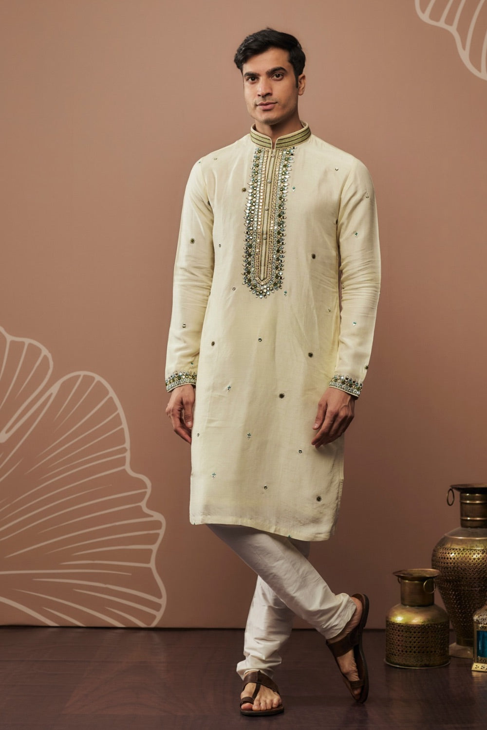 Silver silk kurta pajama with hand & machine work