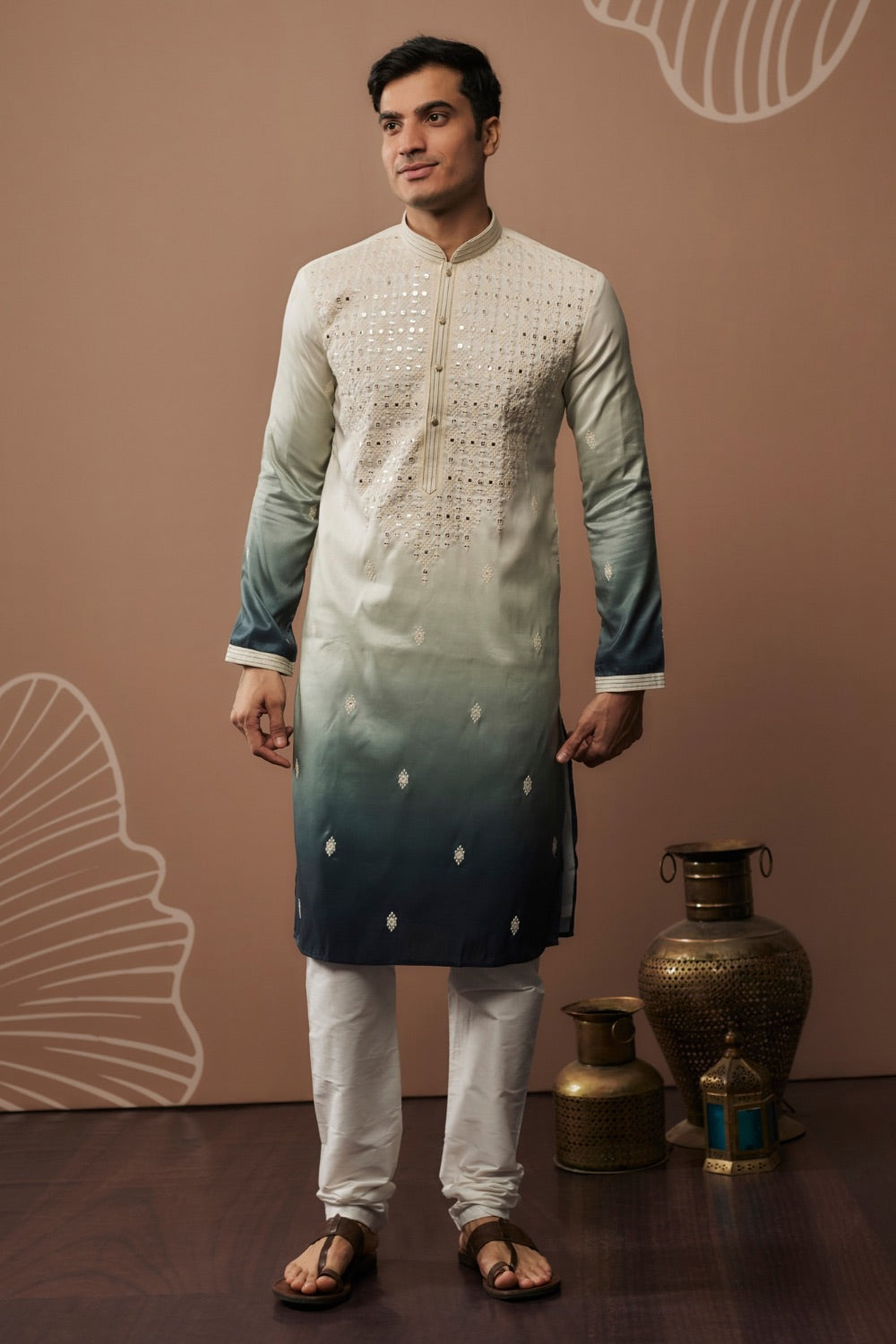 Blue shaded silk kurta and pajama with hand and machine work