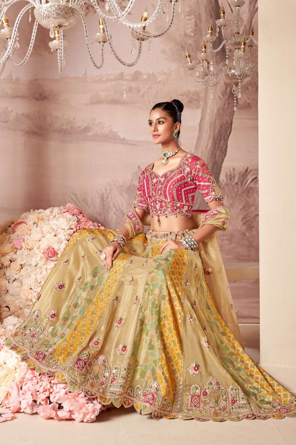 Pink & Yellow Banarasi Silk lehenga choli with machine work