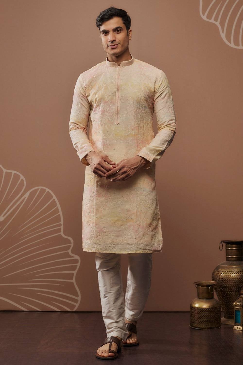 Yellow silk kurta & pajama with hand & machine work