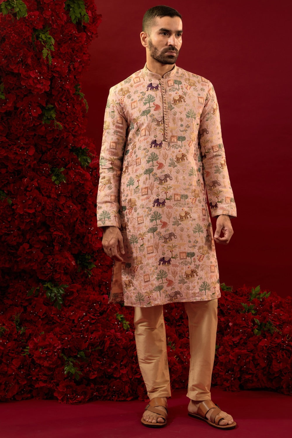 Light pink silk kurta with multicolour machine work