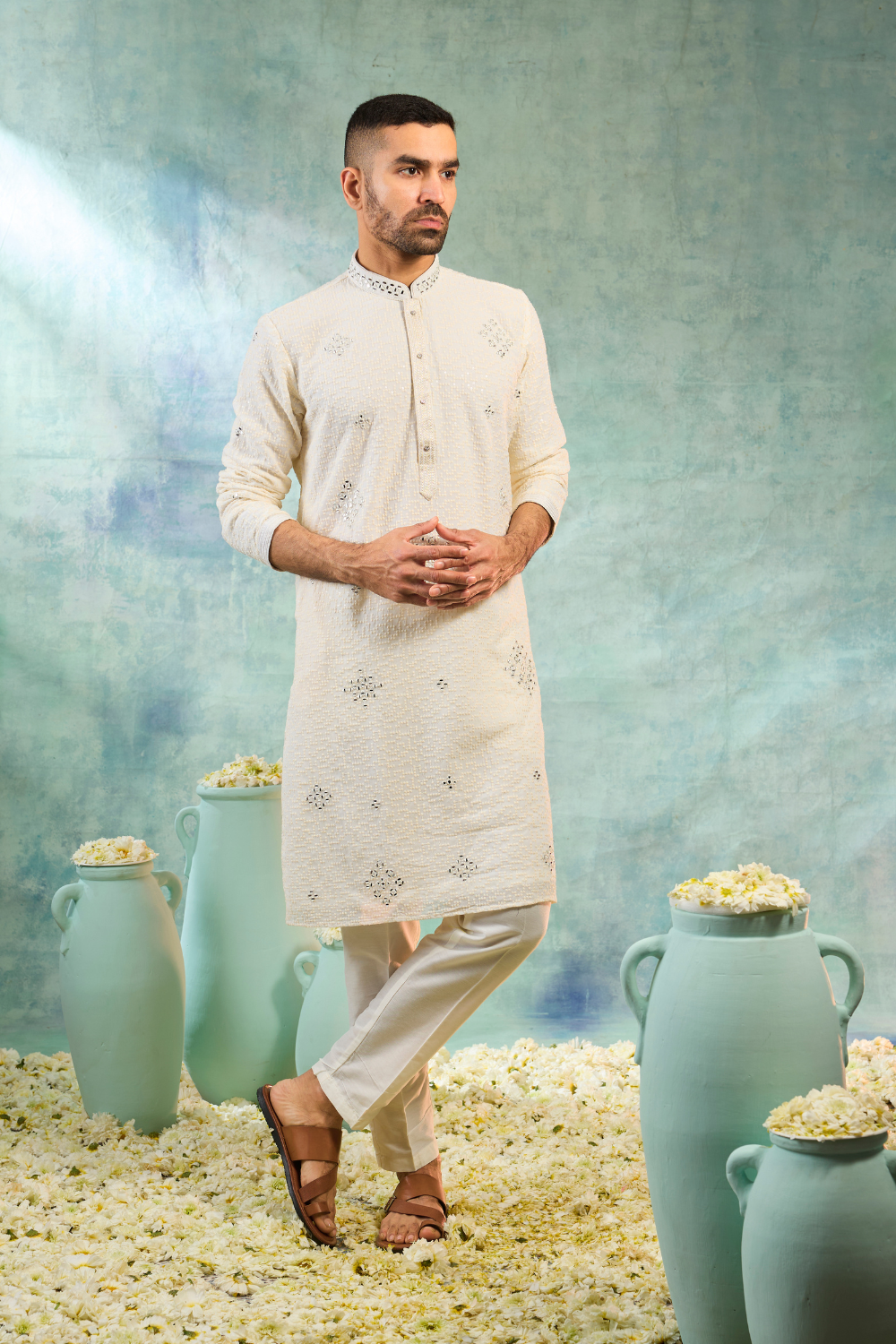 Cream silk kurta set with ivory thread work and embroidery