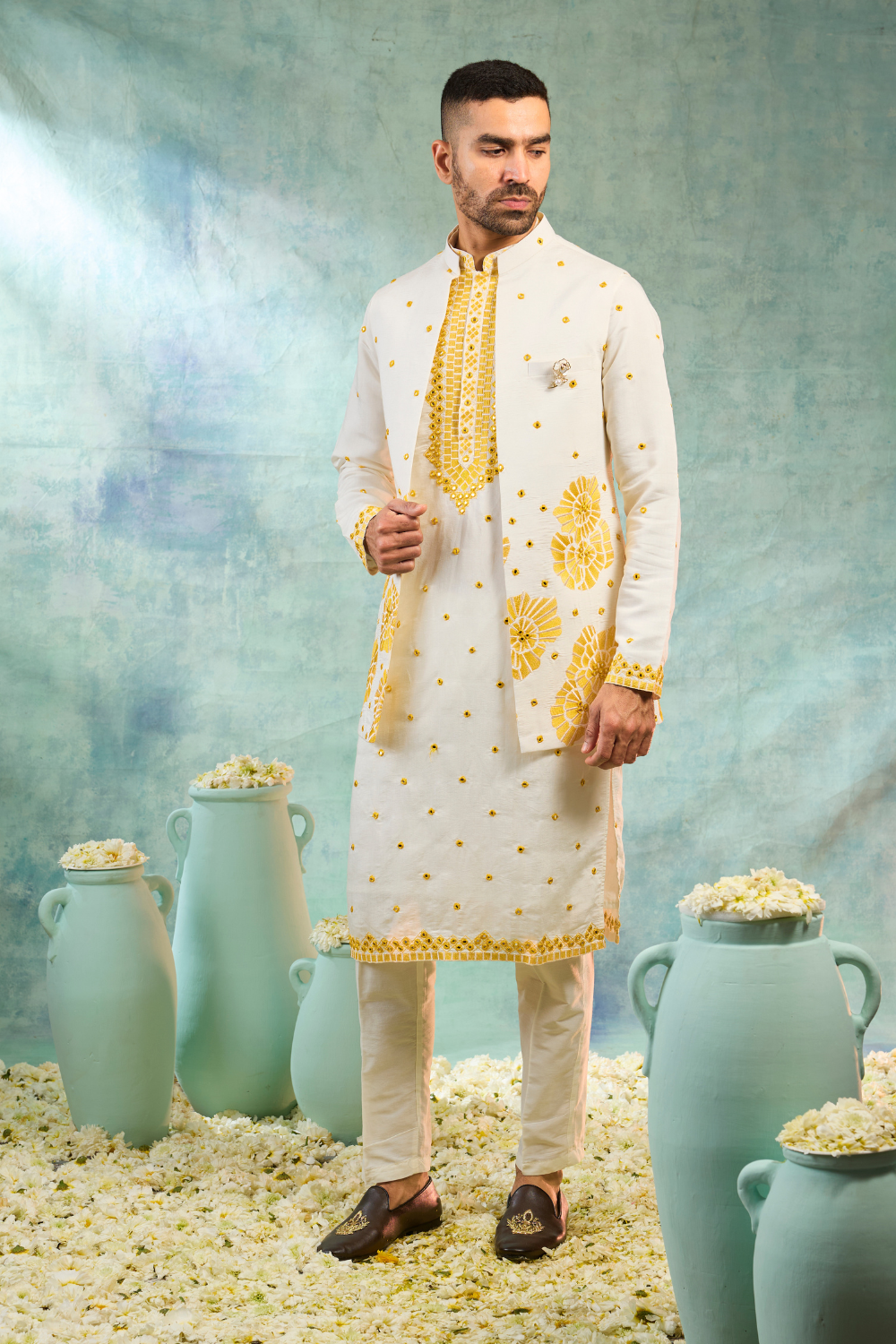 White & yellow silk koti set with thread and mirror work