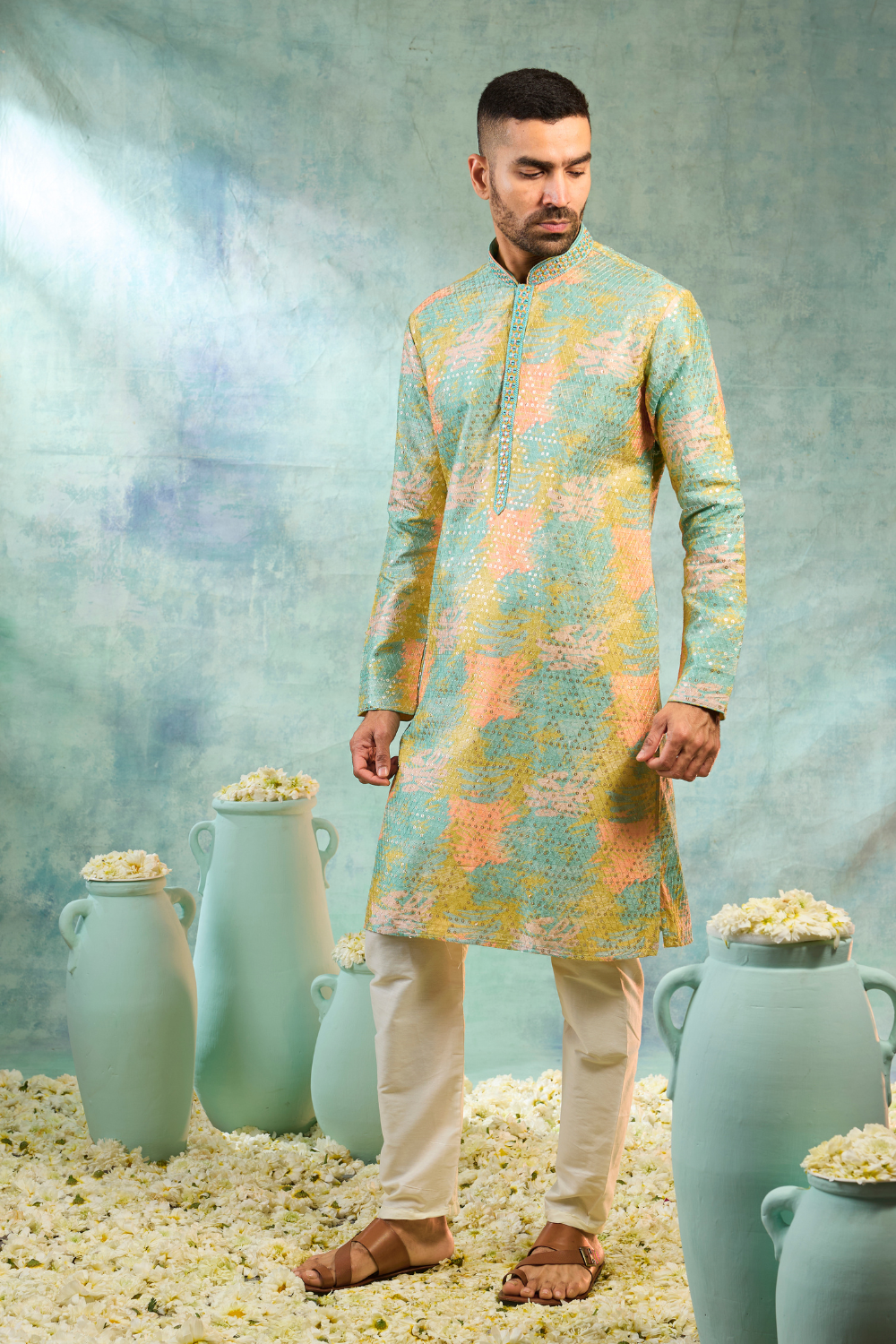 Multicolour silk kurta set with thread work and sequins work