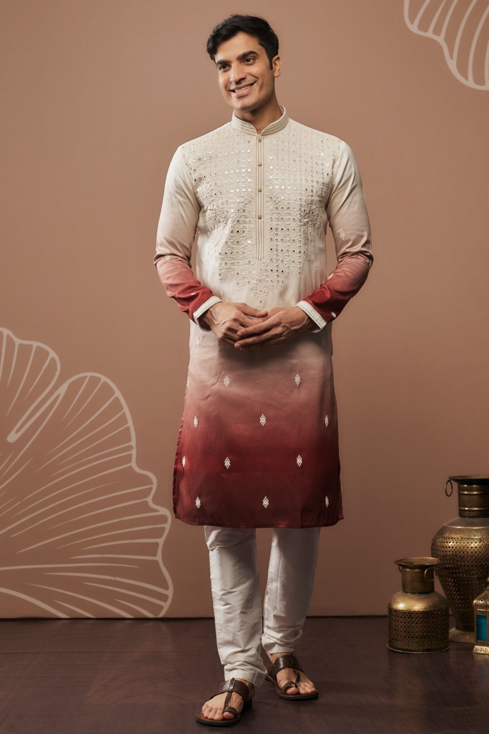 White-wine ombre silk kurta set with mirror work