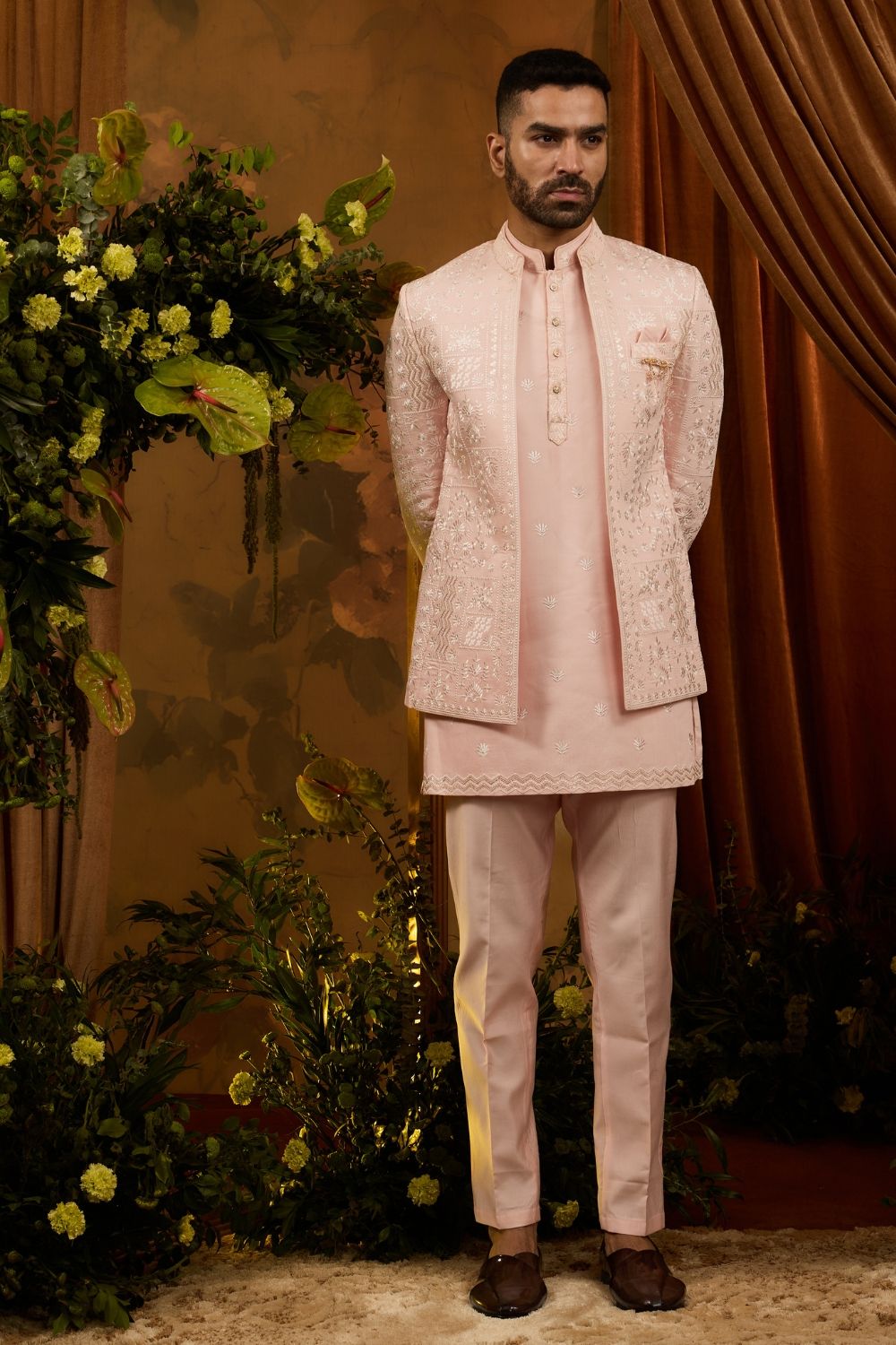 Peach silk open jodhpuri with white thread embroidery work