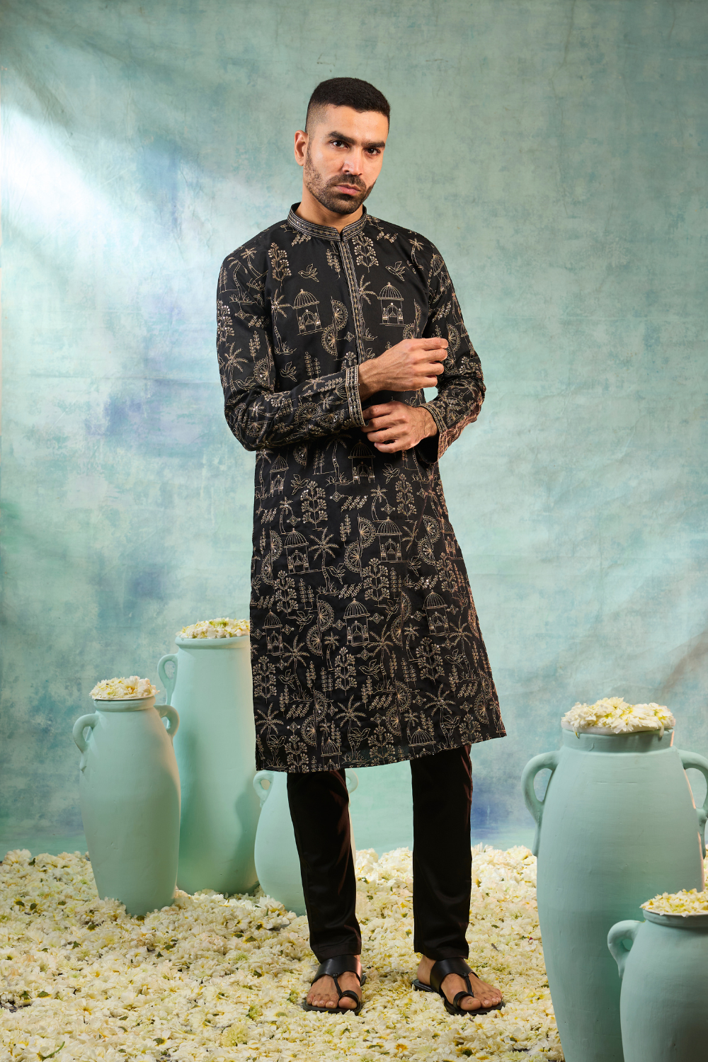 Black silk kurta set with golden thread work