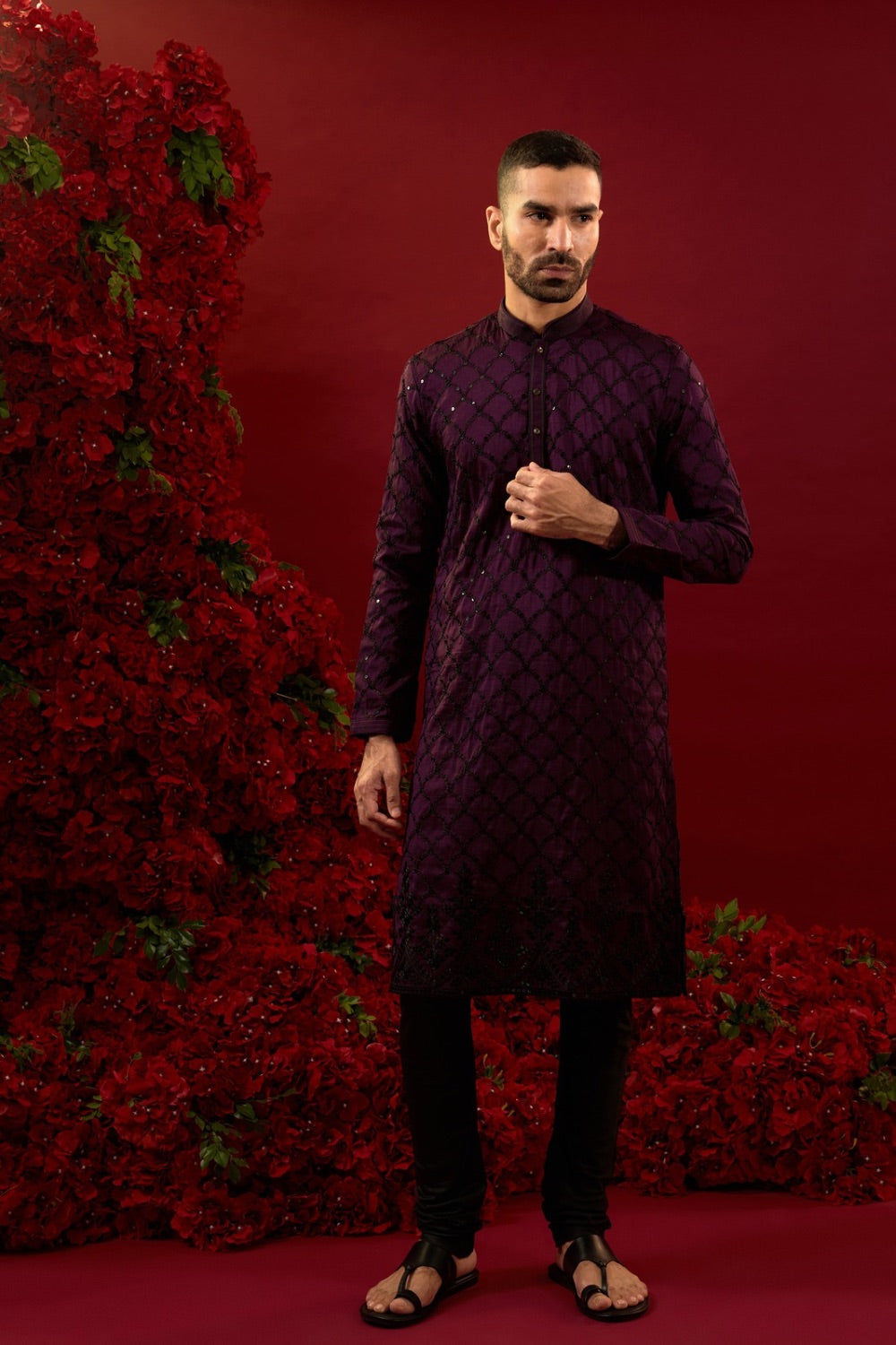 Deep purple silk kurta set with machine work