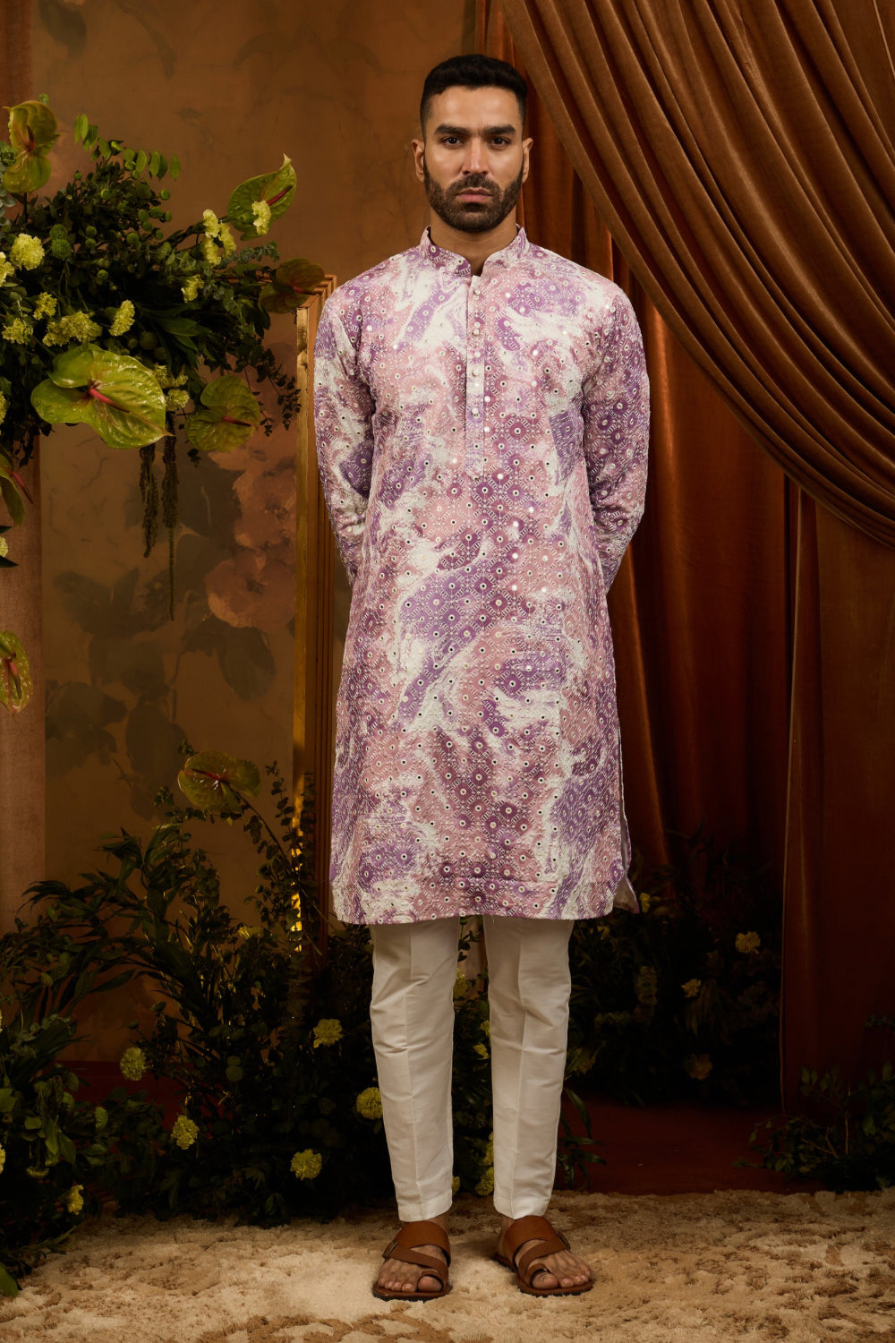 Purple silk kurta pajama set with white embroidery and mirror work