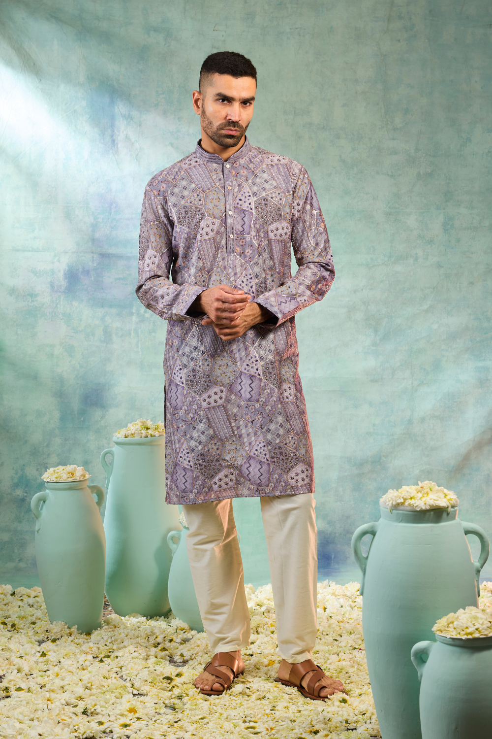 Purple silk kurta set with multicolour thread work