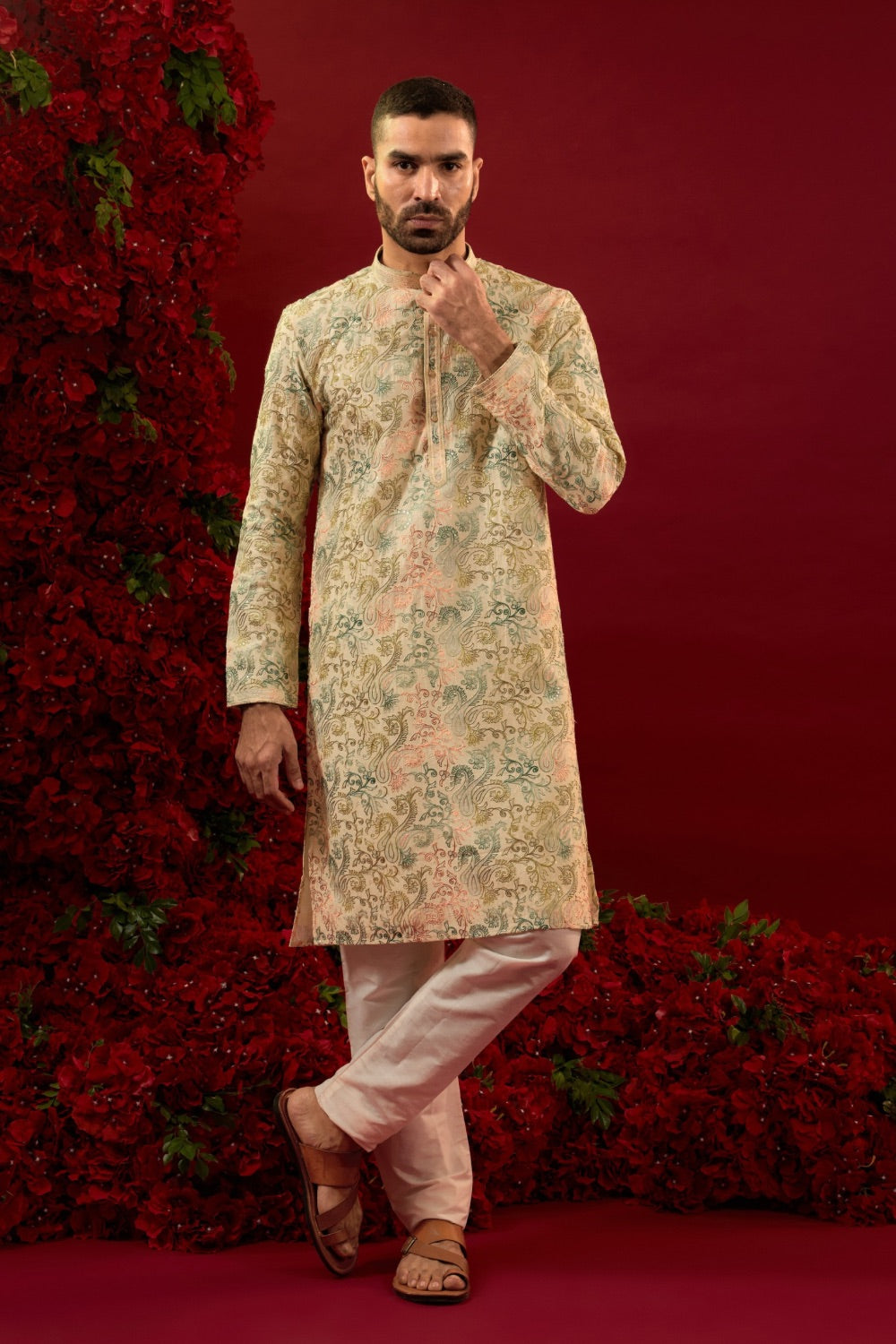 Green silk  kurta with machine work