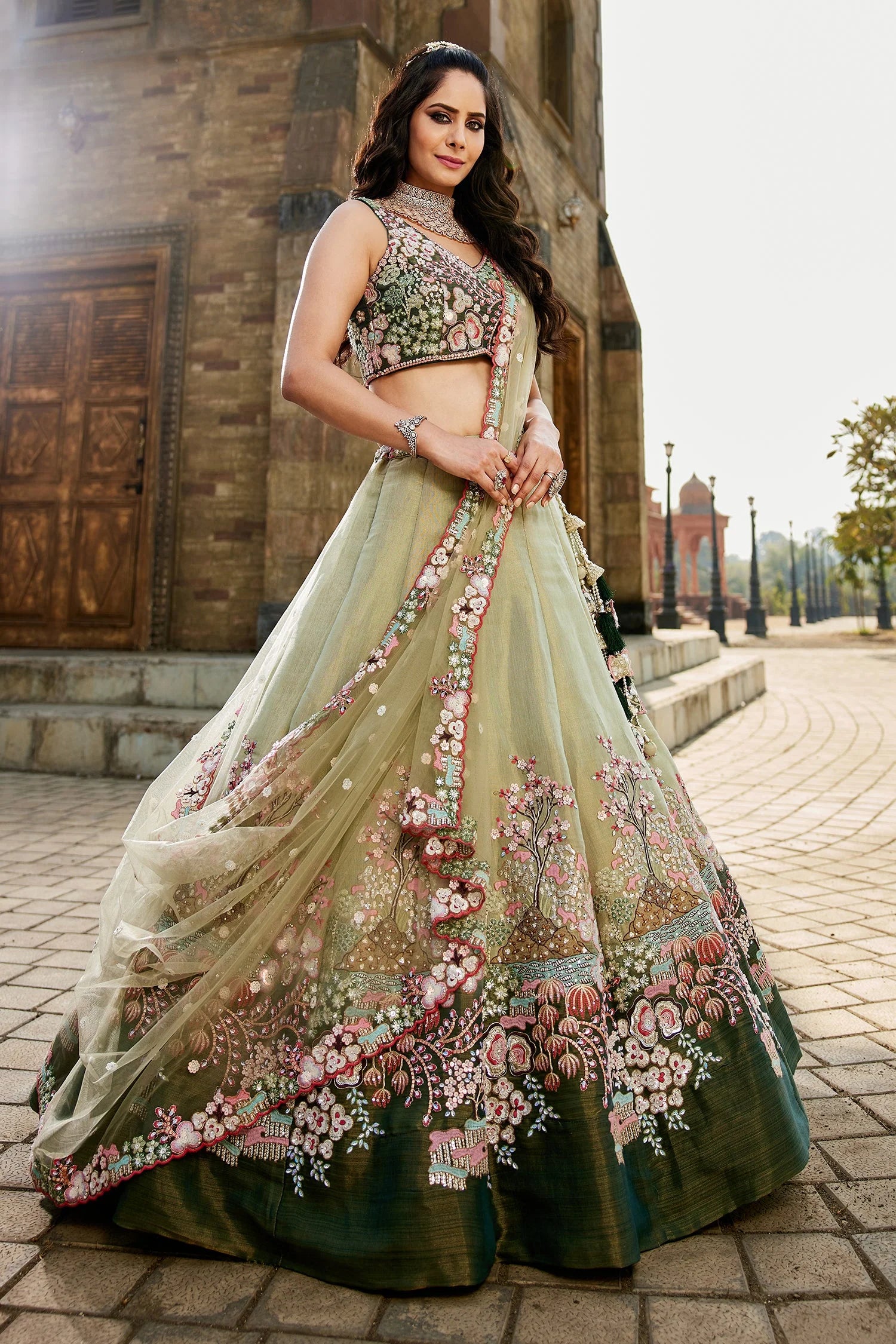 Floral Embroidered Green Net Lehenga with Sequins & Flared Silhouette
