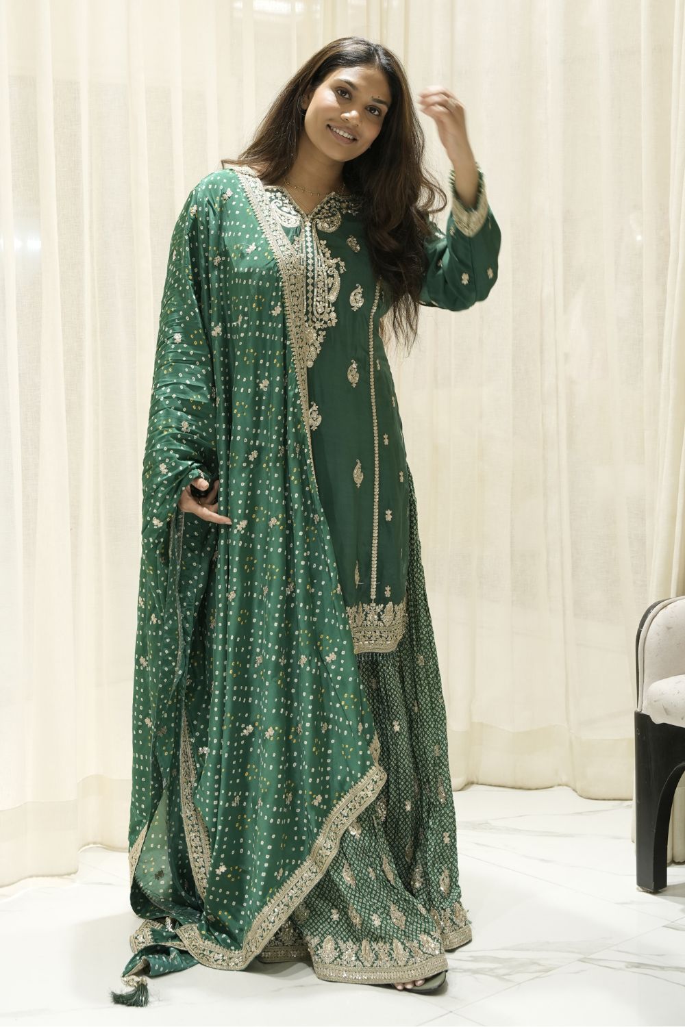 Green Silk Palazzo Suit With Embroidery And Bandhej Dupatta
