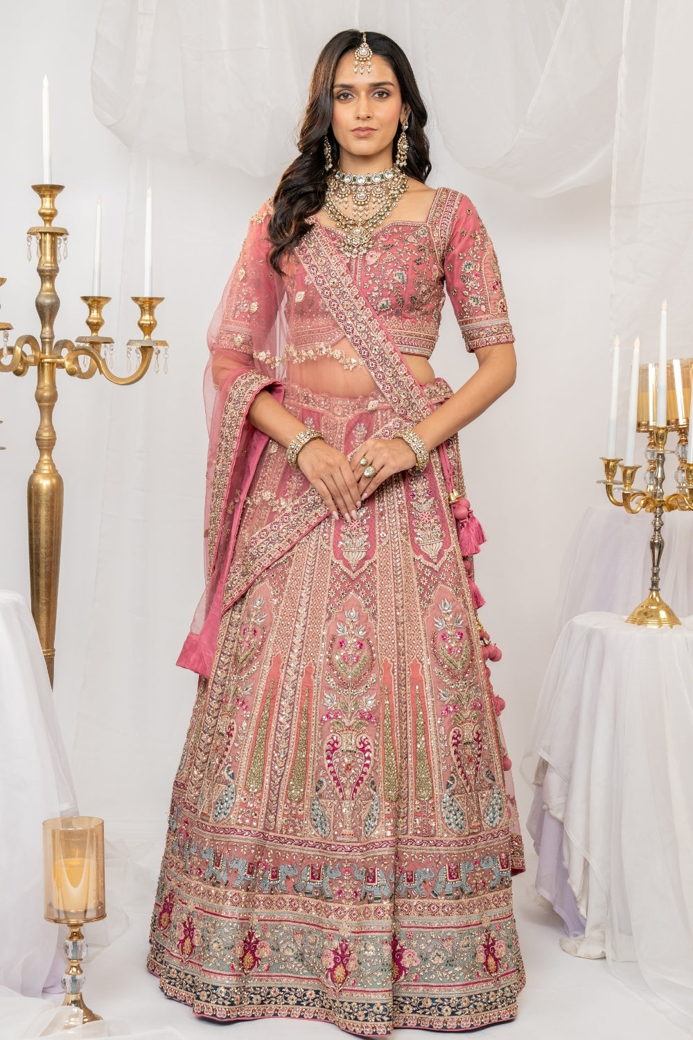 Dusty Pink Organza Bridal Lehenga Choli with Marodi and Zari Work