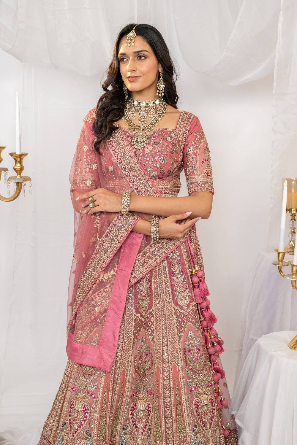 Dusty Pink Organza Bridal Lehenga Choli with Marodi and Zari Work