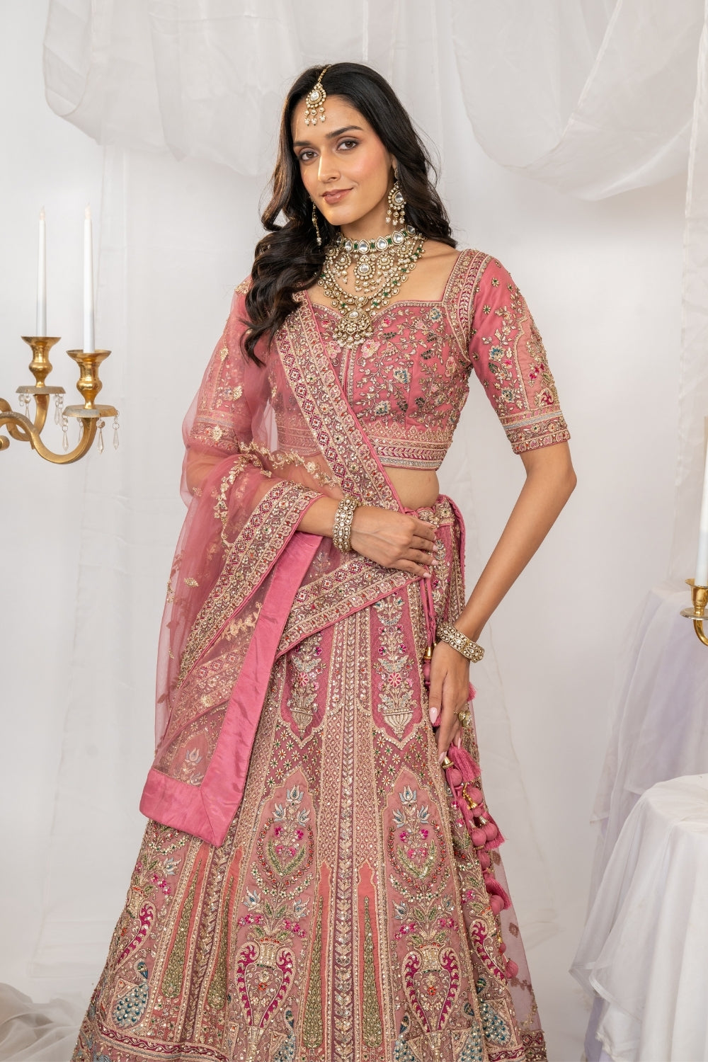 Dusty Pink Organza Bridal Lehenga Choli with Marodi and Zari Work