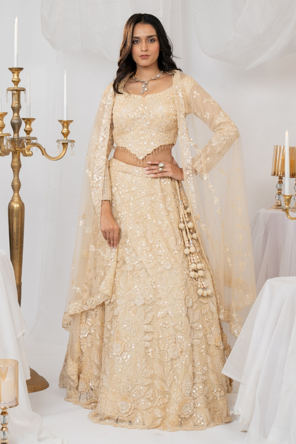 Golden Organza Net Lehenga Choli Set with Sequins and Moti Work